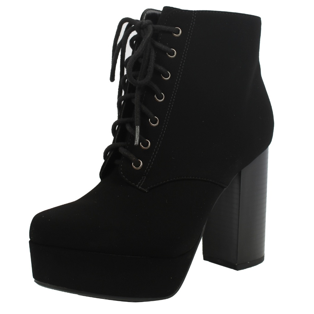 Black Lace Up Platform Chunky Block Heel Boot